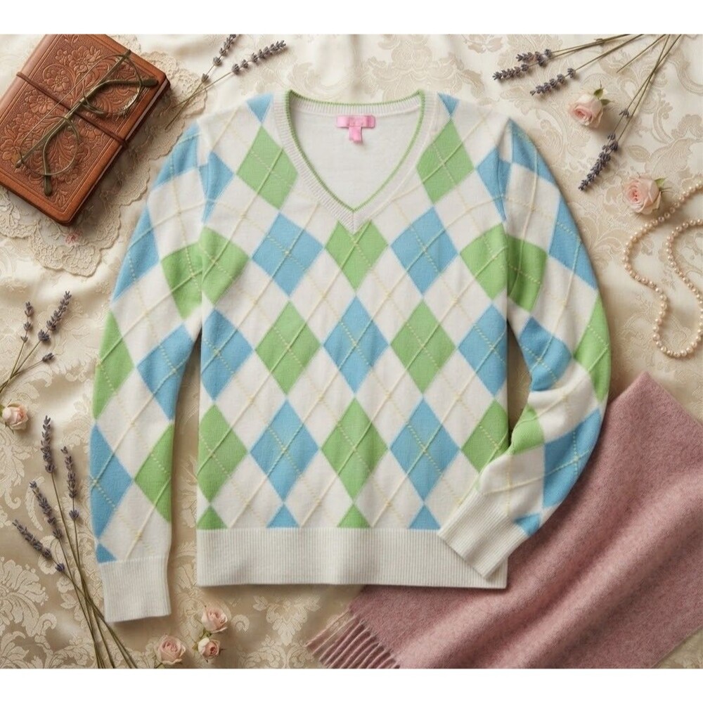 Lilly Pulitzer Argyle V-Neck Sweater Women L White Green Blue Cotton Pullover